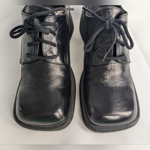 L'INTERVALLE Black Glossy Leather Block Heel Laces Shoes Square Tip Size 37 - Picture 3 of 10